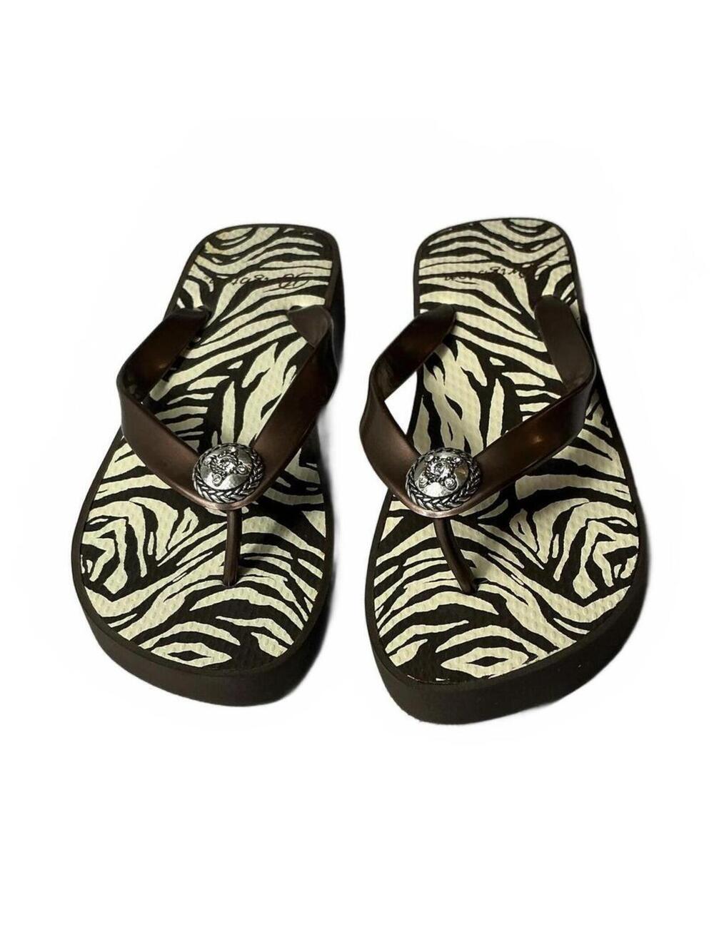 Brighton Brown Cream Zebra Stripes Wedge Flip Flops Sz 7